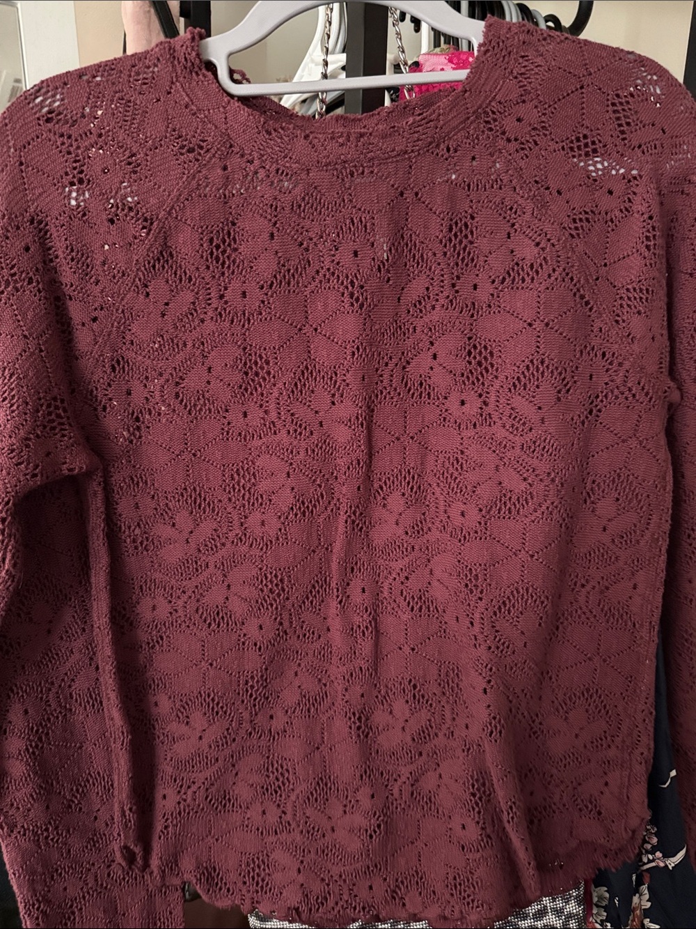 Free People Maroon Lace-Knit Long Sleeve Pullover